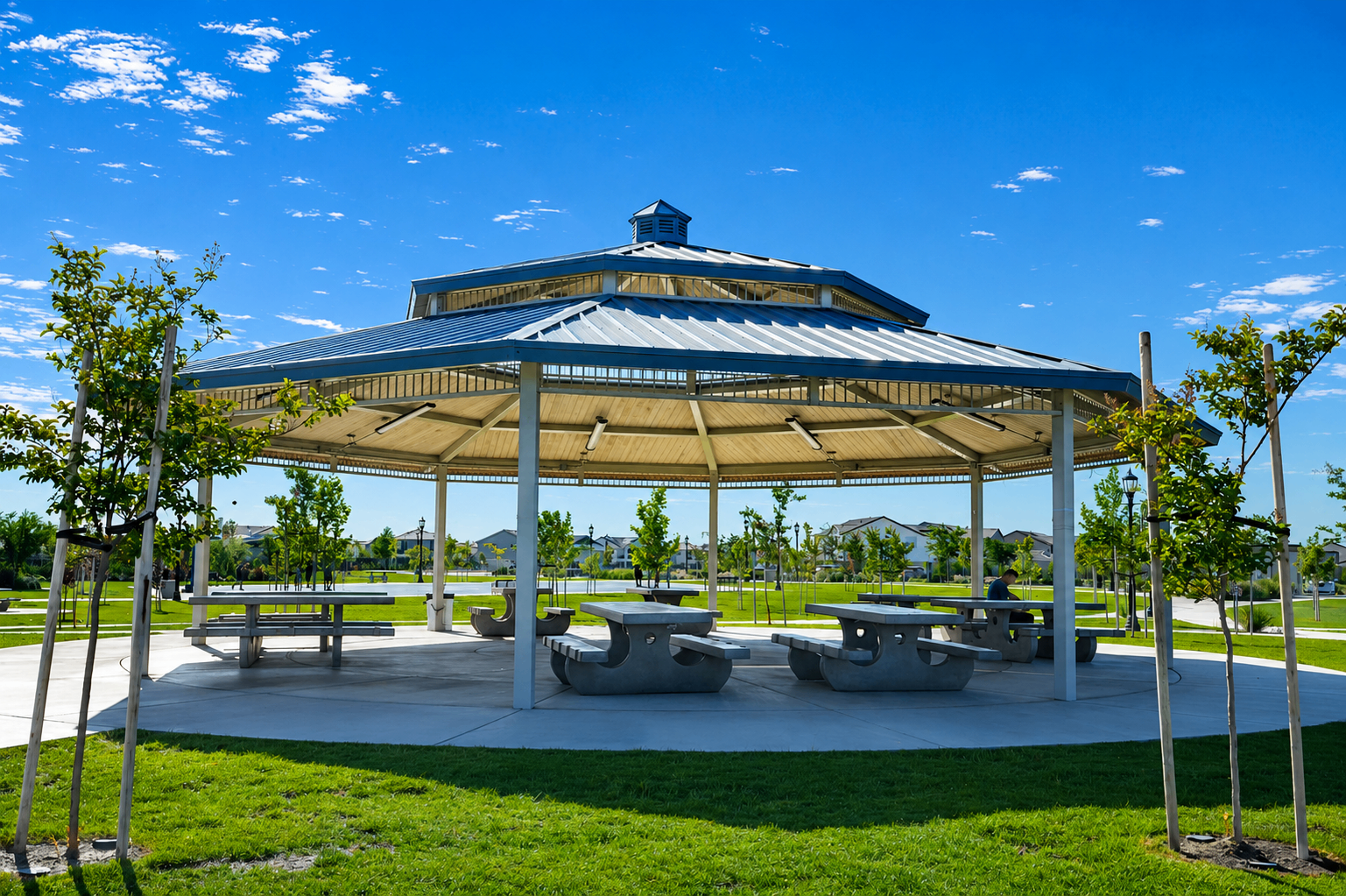 Community pavilion with picnic tables